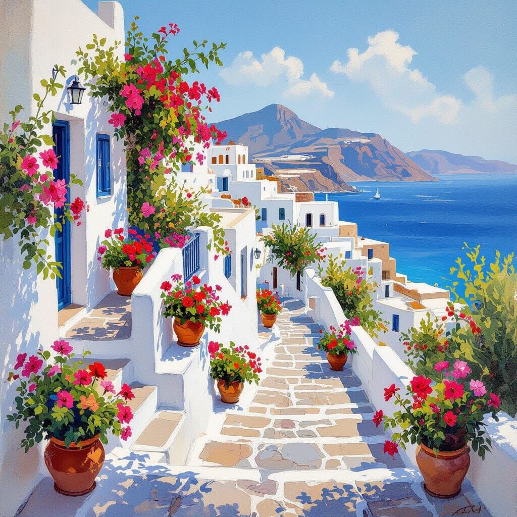 Pots of flowers set on the white railing that supports steps which lead down to a Greek village, which ...  by @Queen Coleen