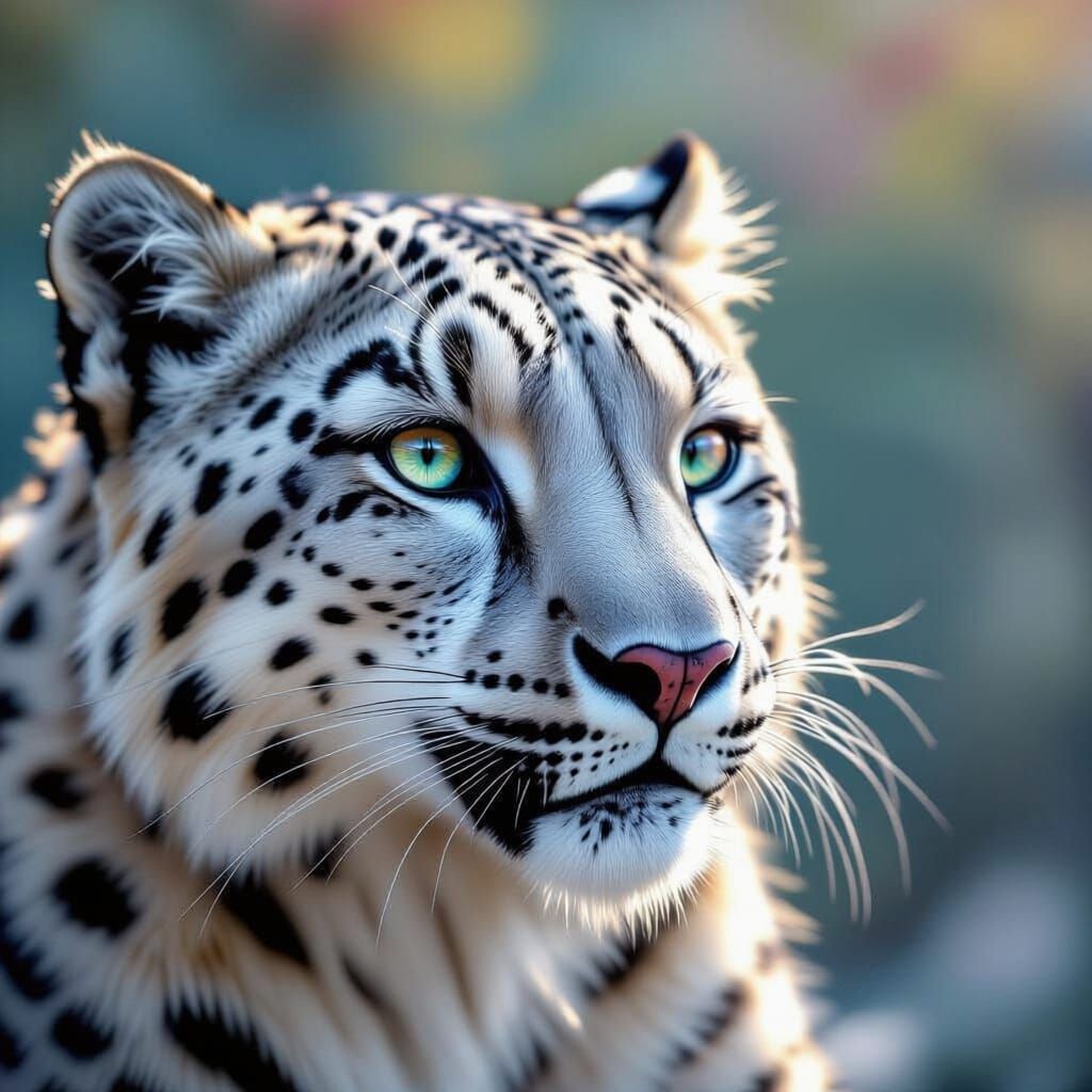   роботизированая диджитал стрекоза сидит на носу у снежного барса.