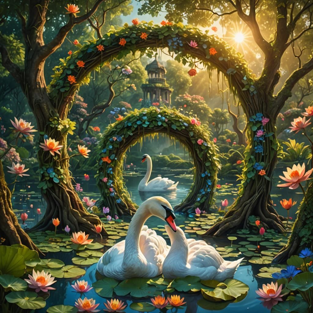 Serene Lake with Swans in Digital Matte Painting