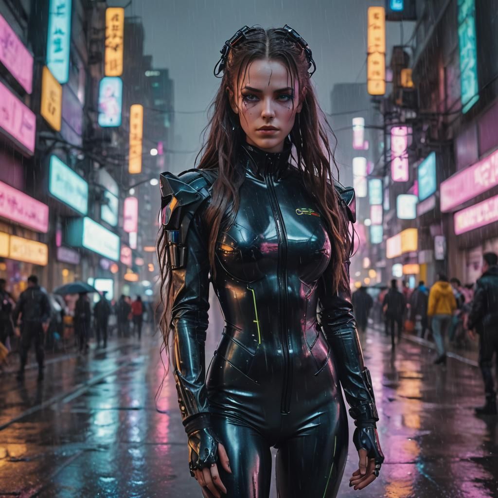 Cyberpunk City: Beautiful Sci-Fi Protagonist in Neon Rain