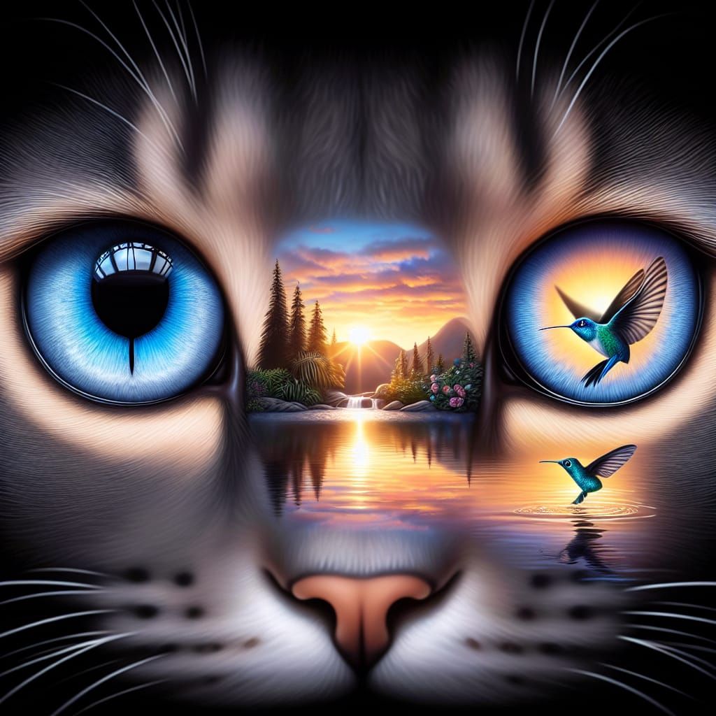 Whimsical Cat Face with Mystical Sunset Reflections