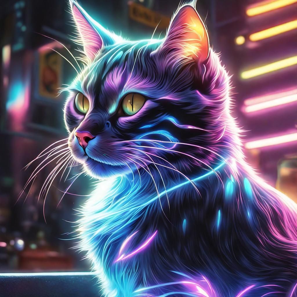 Glowing Cat: Retro Airbrush Painting in Neon Chrome
