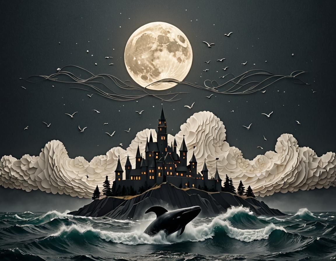 A castle under a crescent moon surrounded by oceanic waves
