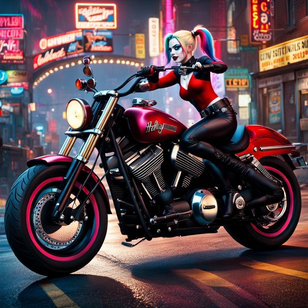 extremely accurate image of harley quinn:: on a motorcycle : bright ...