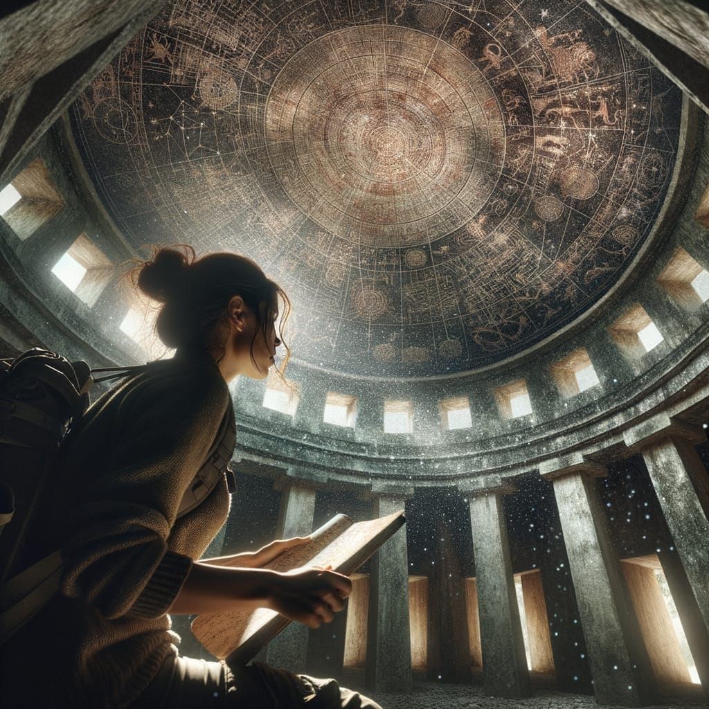 Traveler gazes into vault of forgotten constellations.
Dust swirls beneath ancient domed celestial map.
The temple breathes with long-abando...