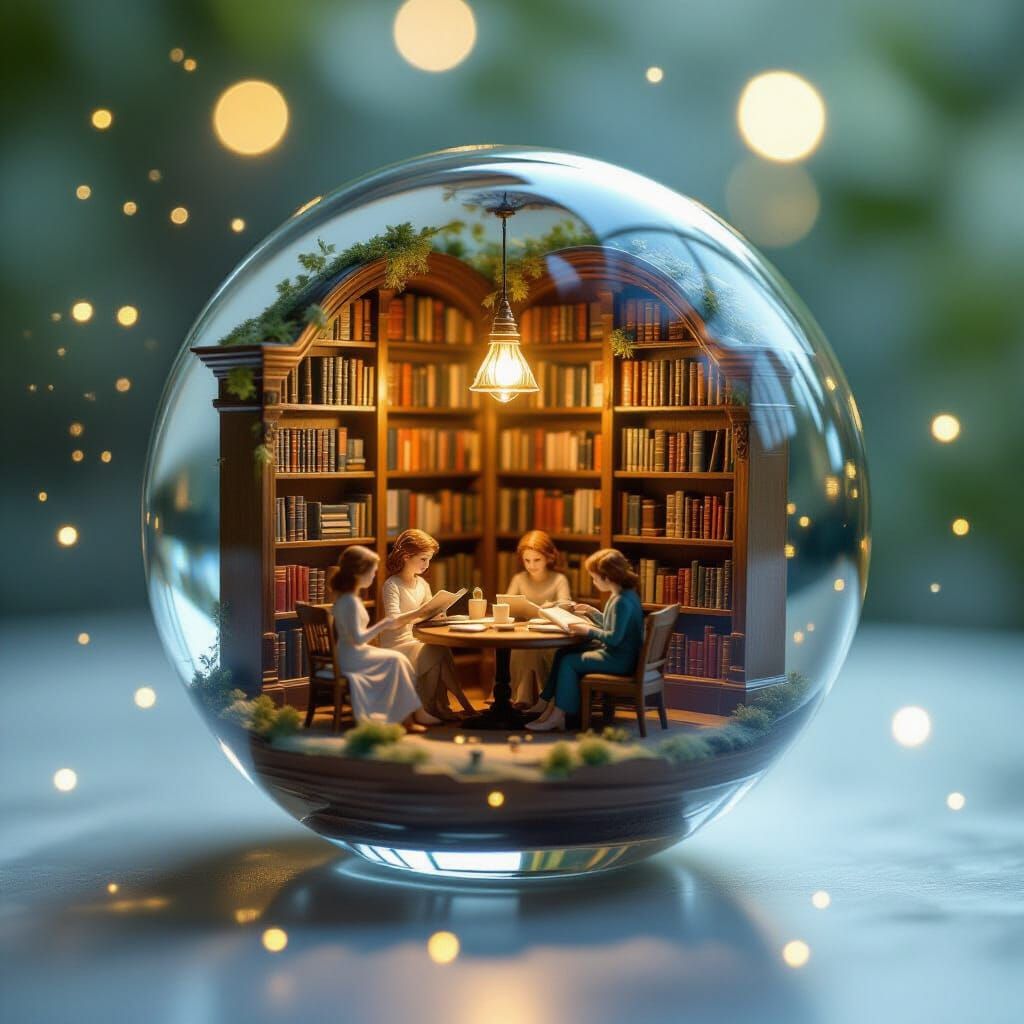 Miniature Library Inside Glass Marble, Fairy-Tale Microcosm