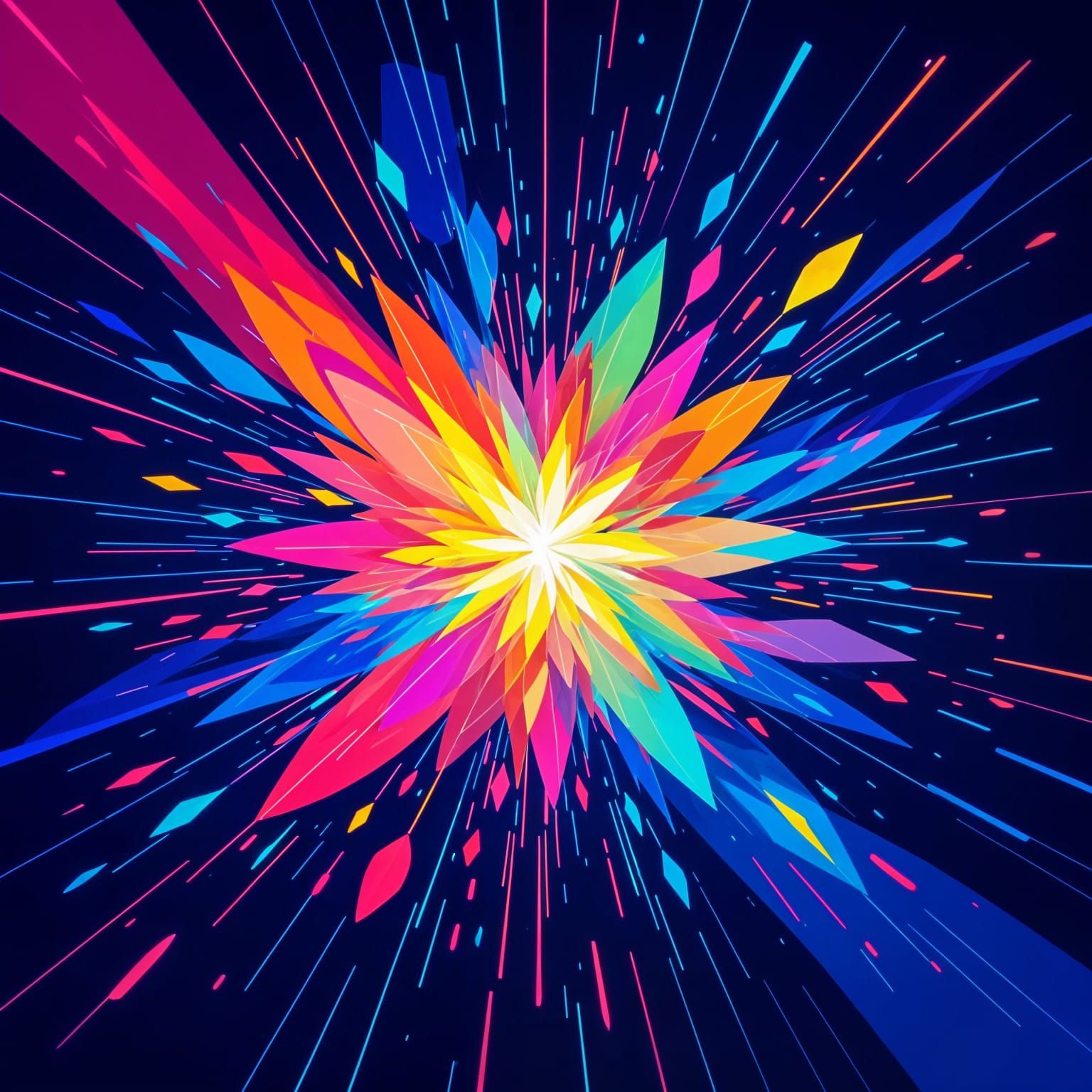 A vibrant, abstract explosion of color and light erupts from a single, glowing seed, symbolizing a creative spark. Geometric patterns interw...