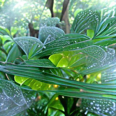 Luscious dewy green jungle leaves
