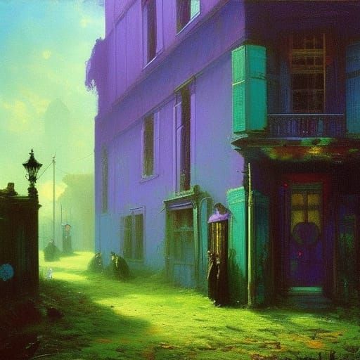 Haunted house ; ghosts ;

Purple and teal ; triadic colors ;...