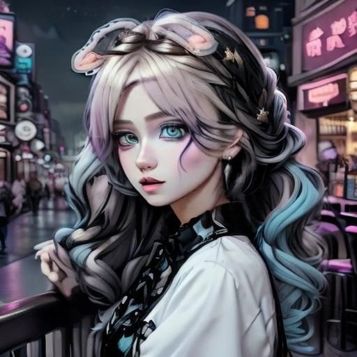 Cartoon Couple in Sci-Fi City with Cat and Bunny Ears