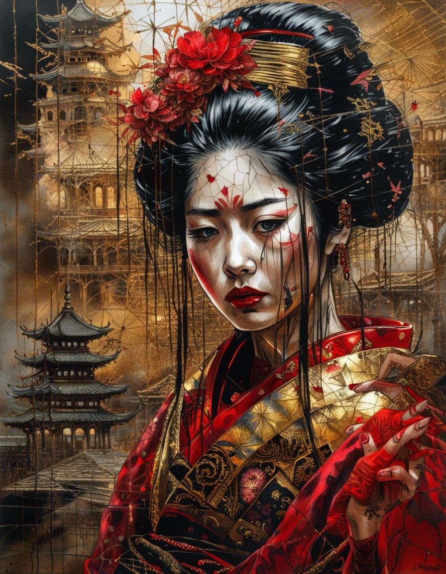Emotional Geisha Reflecting in Shattered Mirror