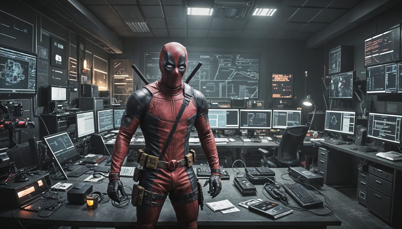 deadpool in hacking room with several monitors with code. da...