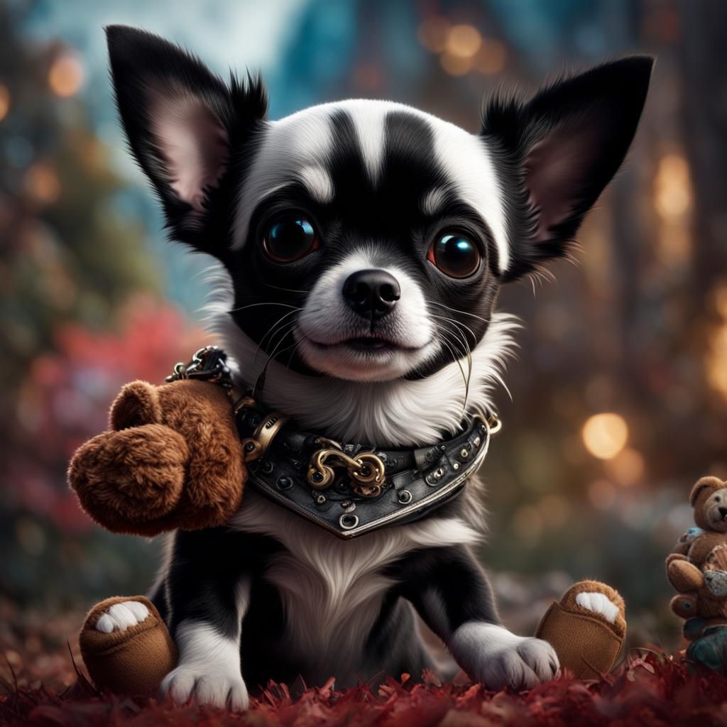 Black and white chihuahua with teddy bear in mouth
