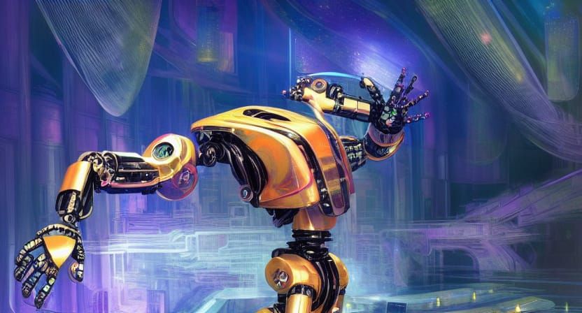 Shattered nanotech obsidian punk sparkles music, a robot sup...