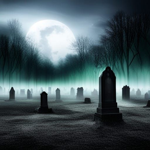 creepy old cemetery with fog and green fire