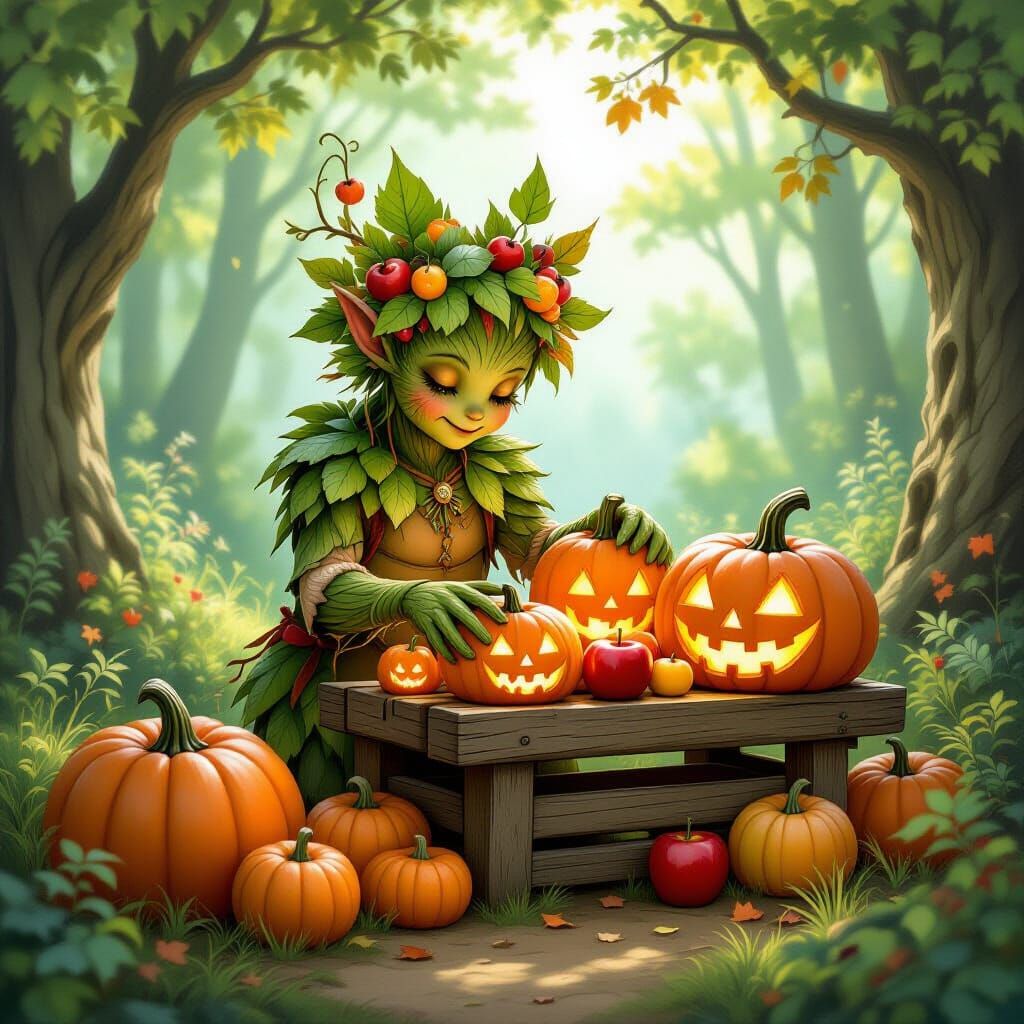 A whimsical farmstand brimming with oversized, glowing pumpkins and enchanted apples, run by a friendly ...  by @Lintumila Manonka