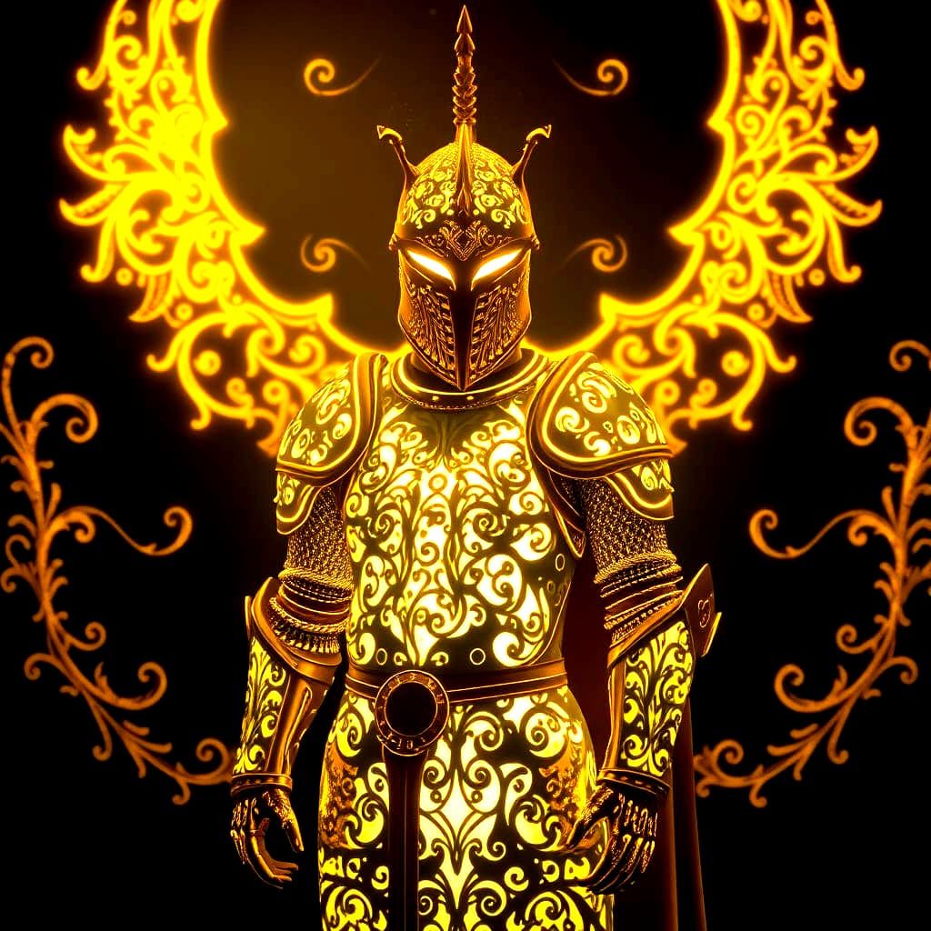 A Knight that is bioluminescent and ethereal, with filigree, and a black background filled with golden designs of filigree. The Knight is go...