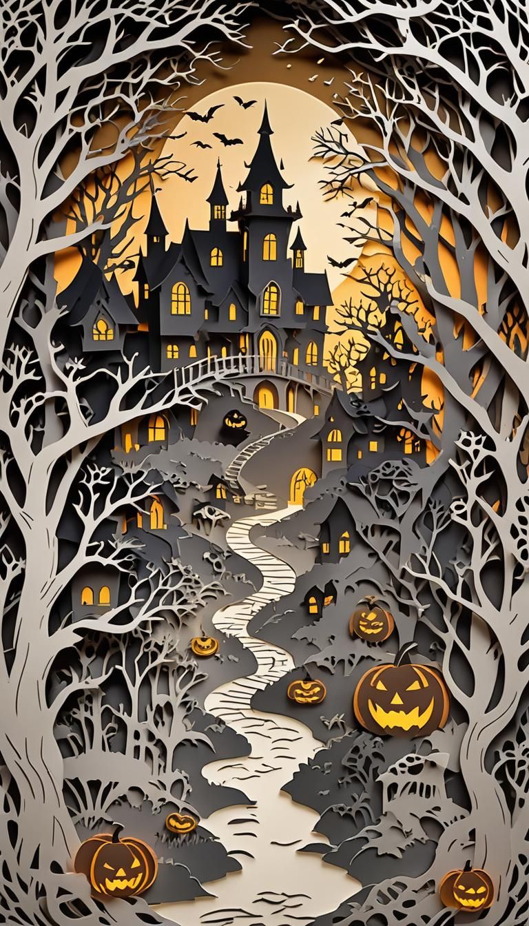 Halloween scene palette, Kirigami paper-cut style, intricate...
