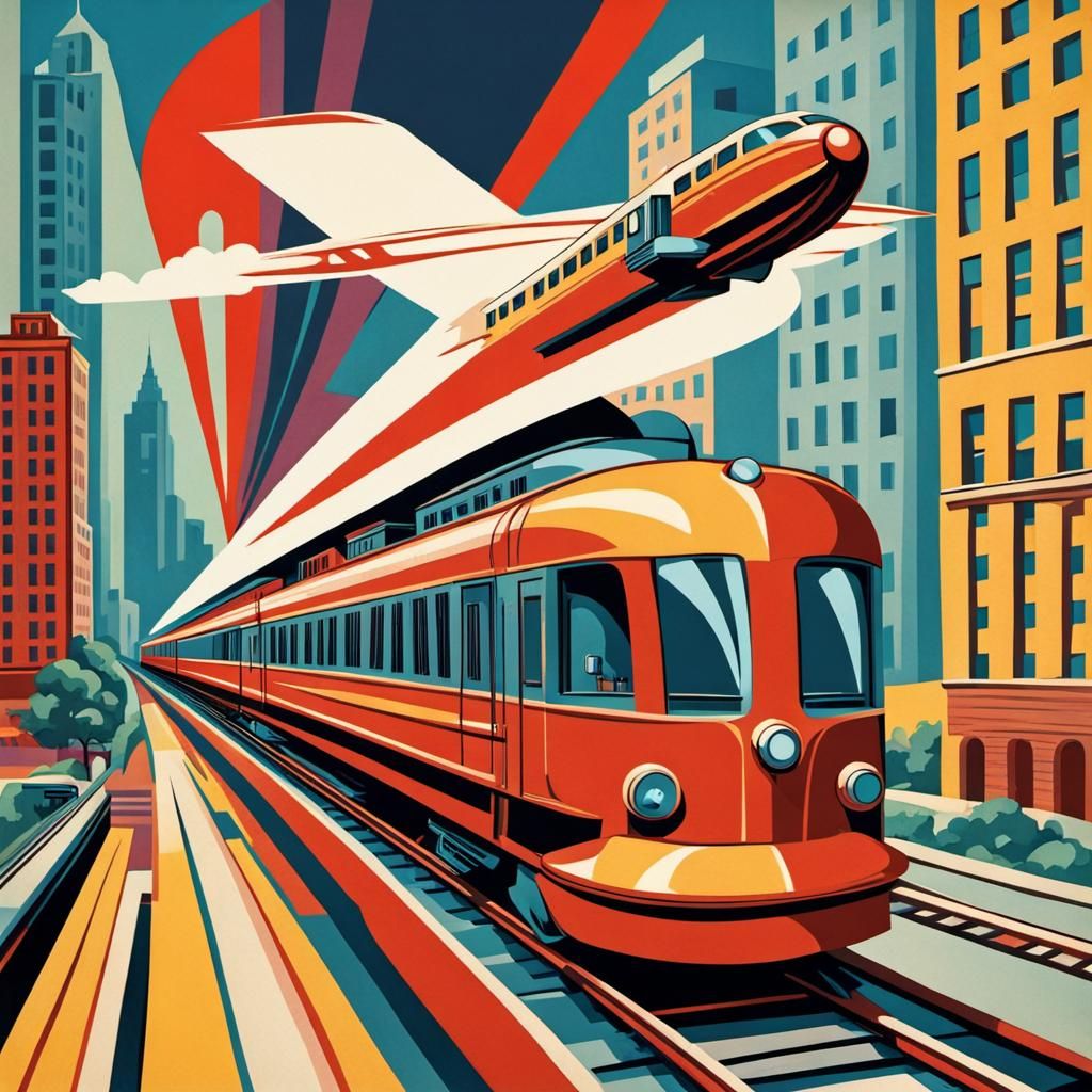Pop art, art deco flying train through city