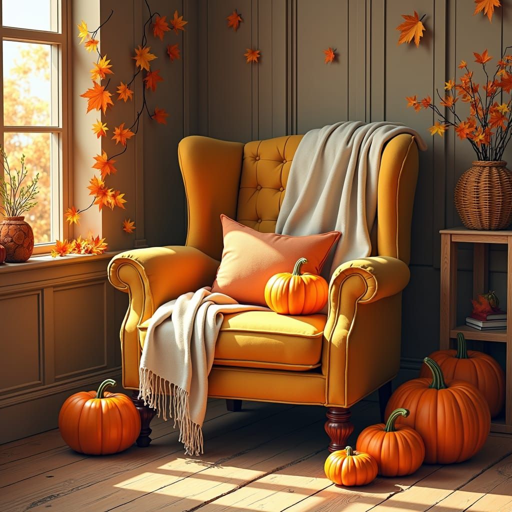 fall-inspired décor, such as pumpkins, leaves, and warm-tone...