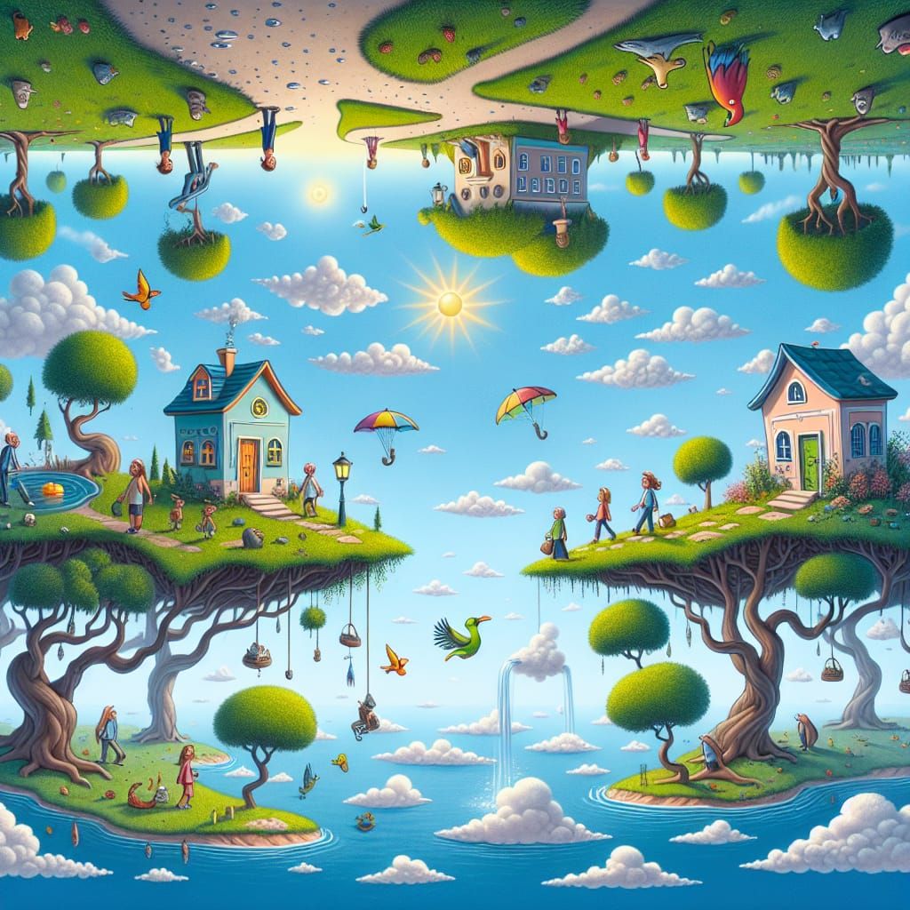 whimsical scene of an (UPSIDE DOWN WORLD:1.3)