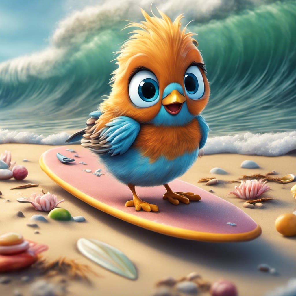 The adorable bird on the surfboard photorealistic intricately detailed ...