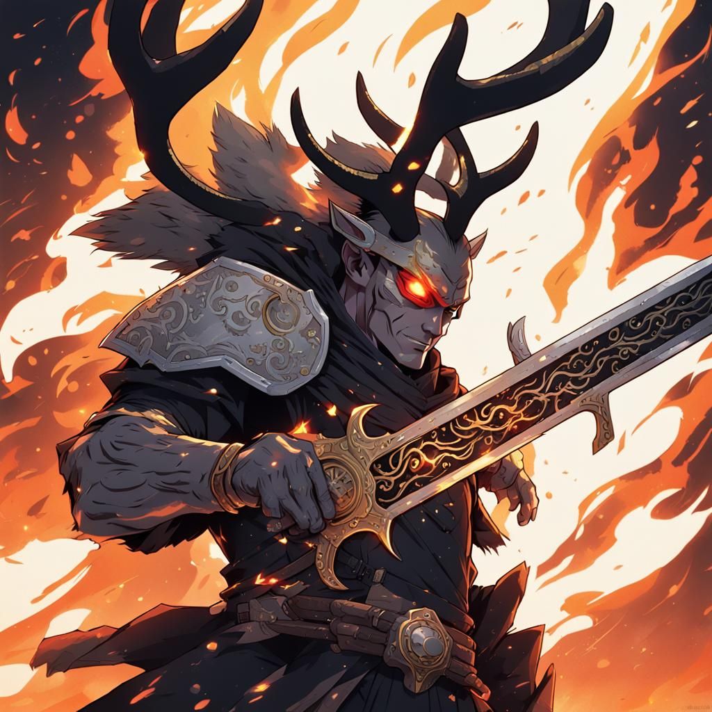 A cyborg wearing deer horn on his head is holding a black fl...