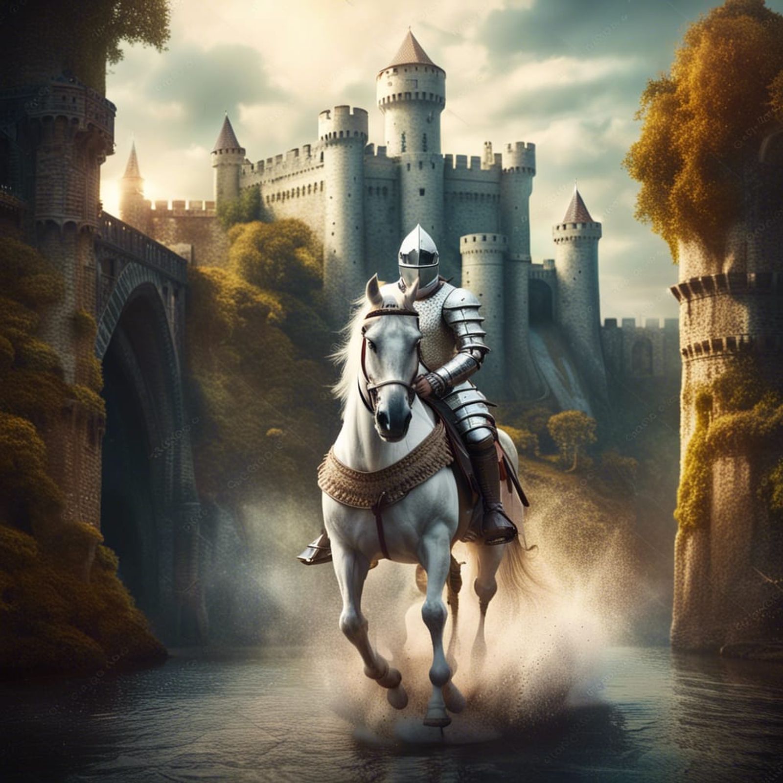 knight in shining armour on a white horse