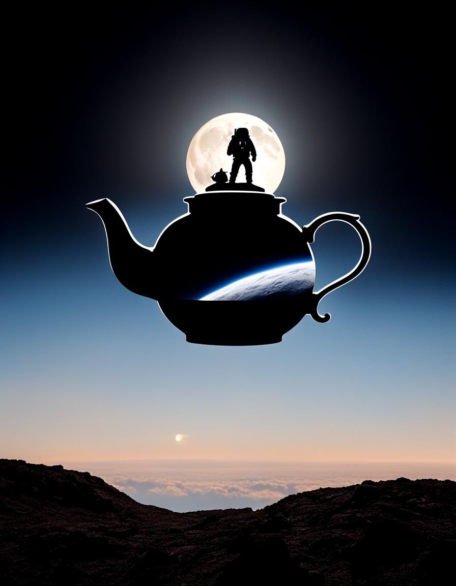 (tea pot rising over horizon 1.4) of a moon as astronaut wav...