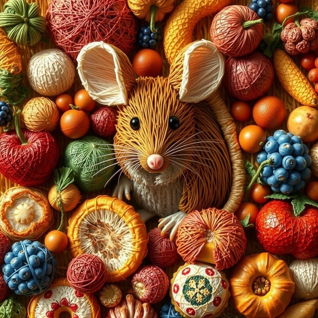 a detailed mouse in string art, food
coloring shades to highlight textures and
patterns.  by @Pjrockey