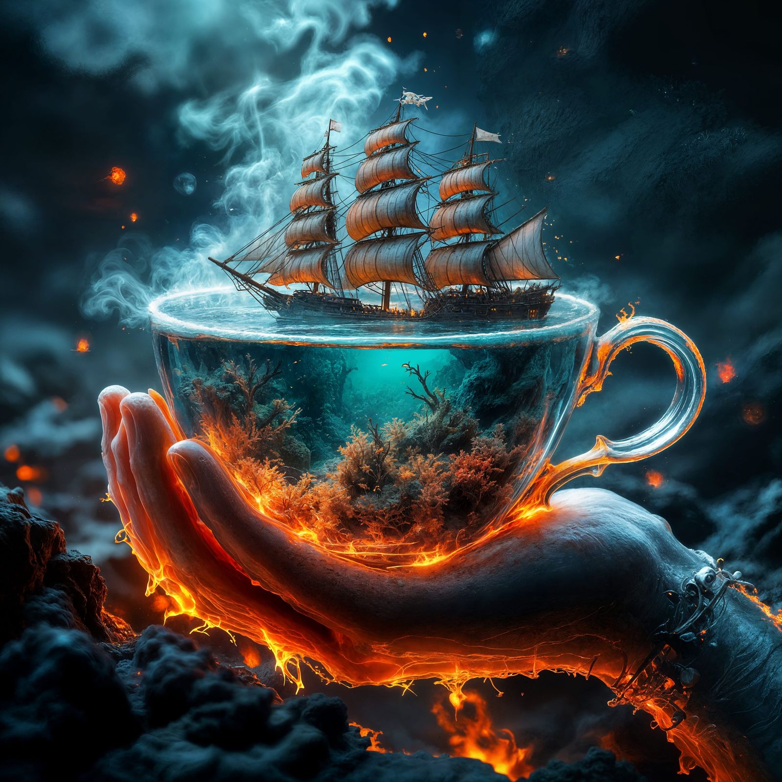 Teacup Shipwreck: Cybernetic Entity in Volcanic Landscape