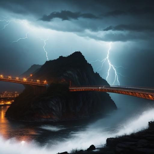 Stormy Night Illuminates Bridge: Digital Concept Art