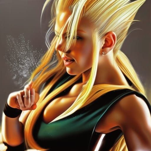 very realistic eyes, very beautiful female super saiyan, sup...