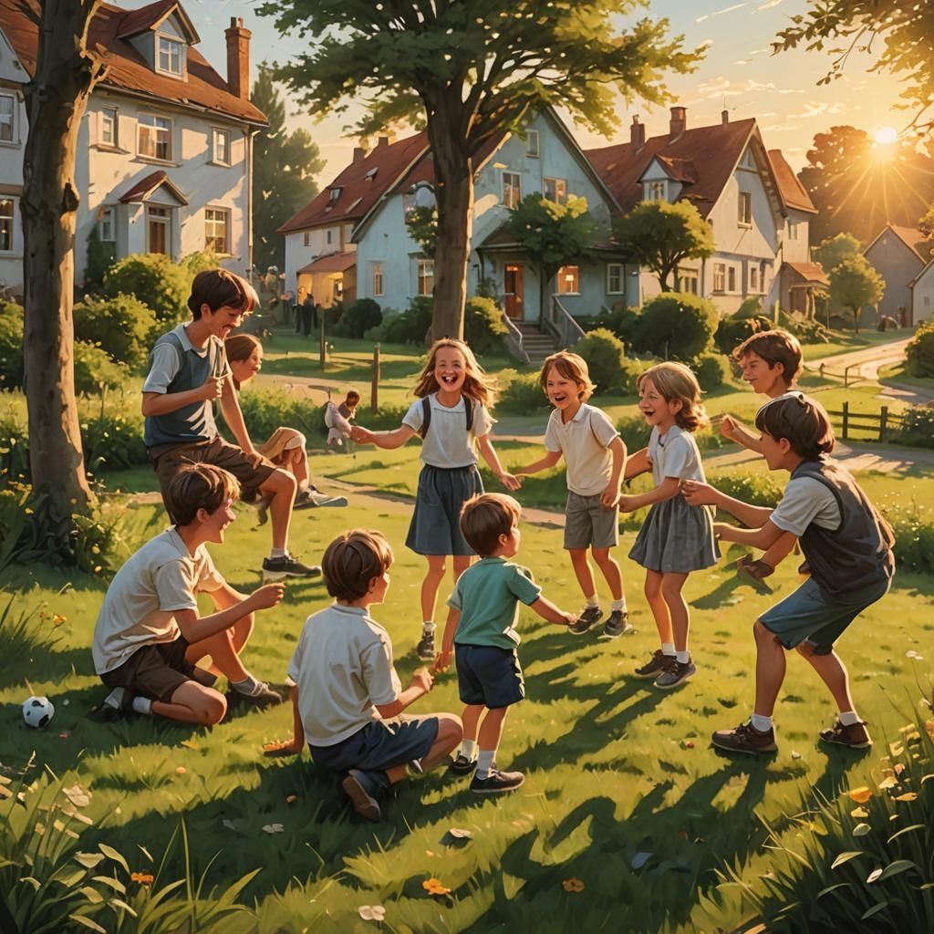 A nostalgic scene of childhood memories, where a group of yo...