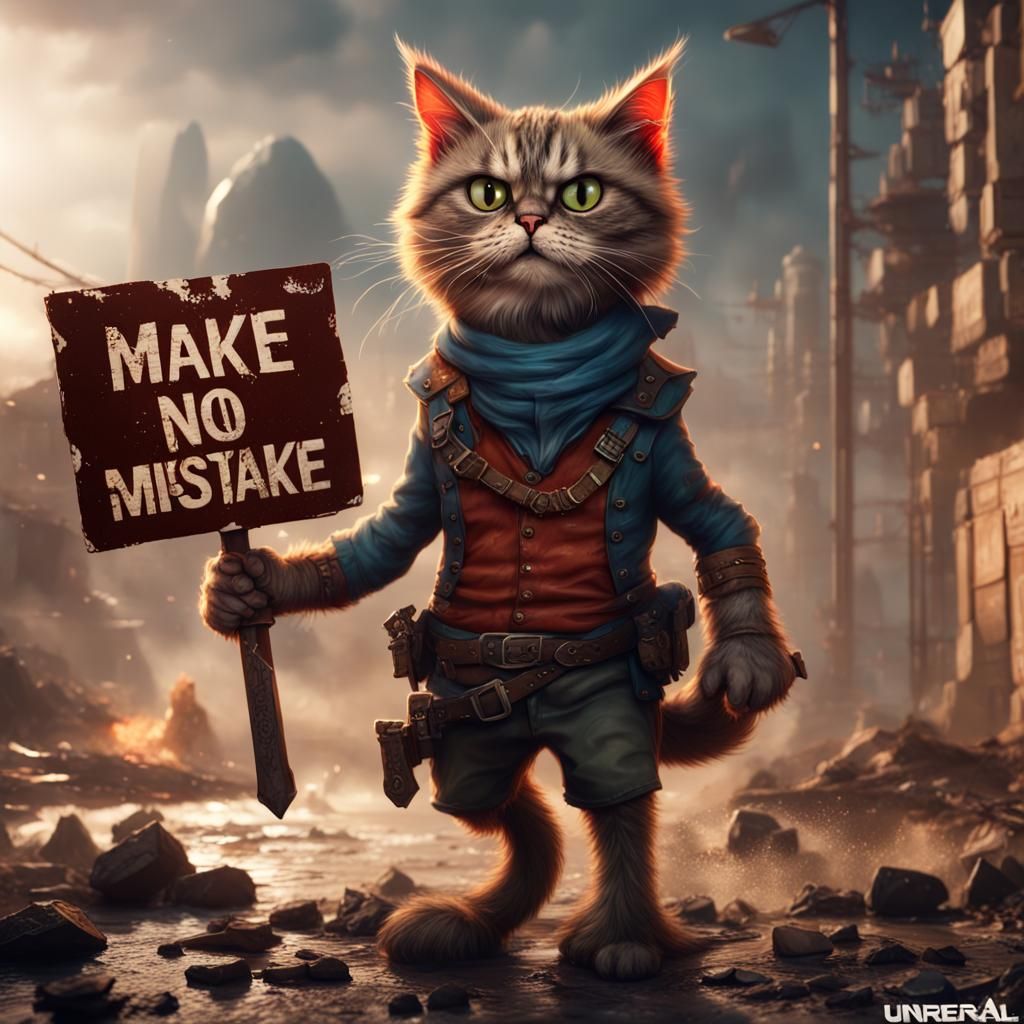 Angry rebellious cat holding a sign with writing: Make no mi...