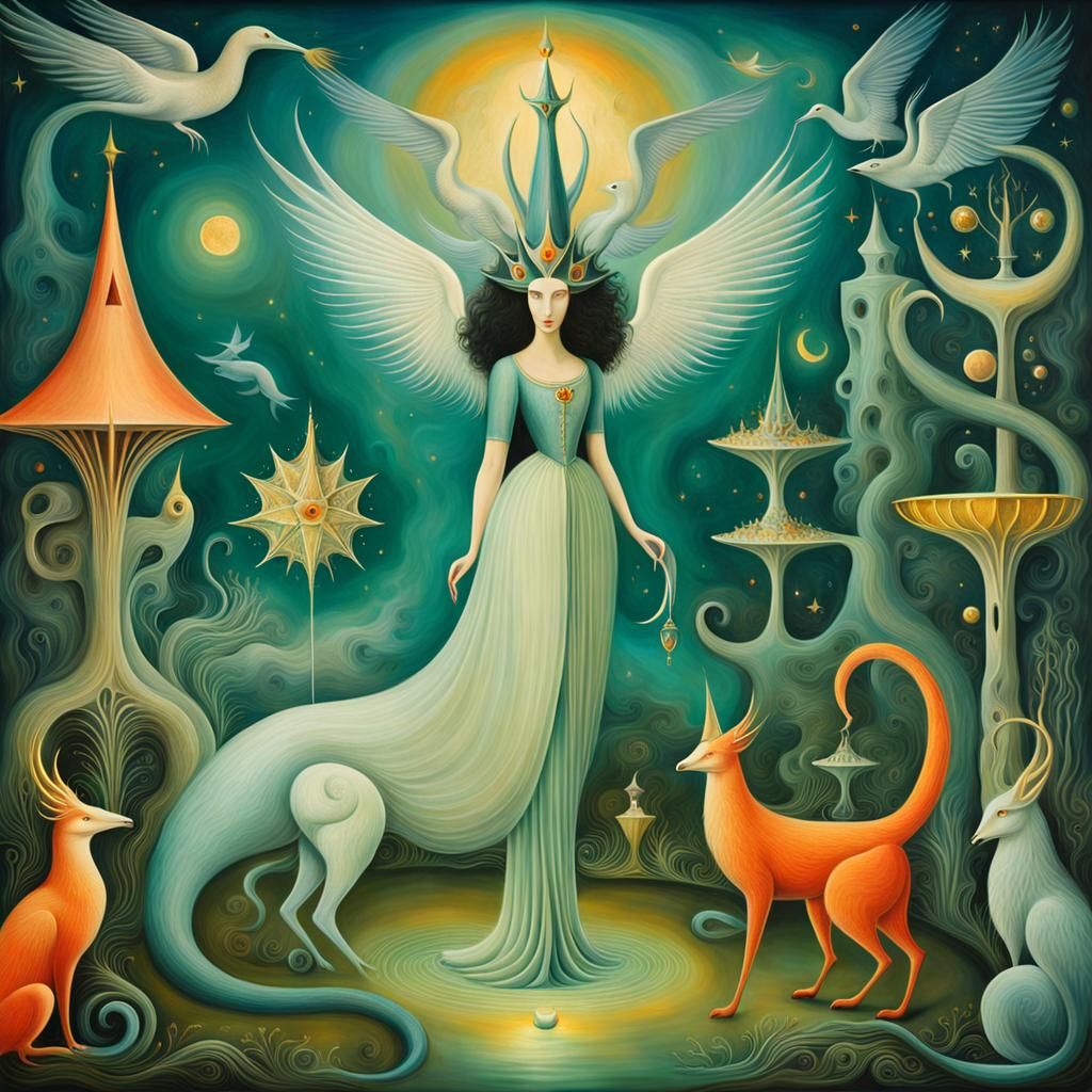 Mythical creatures, style of Leonora Carrington
