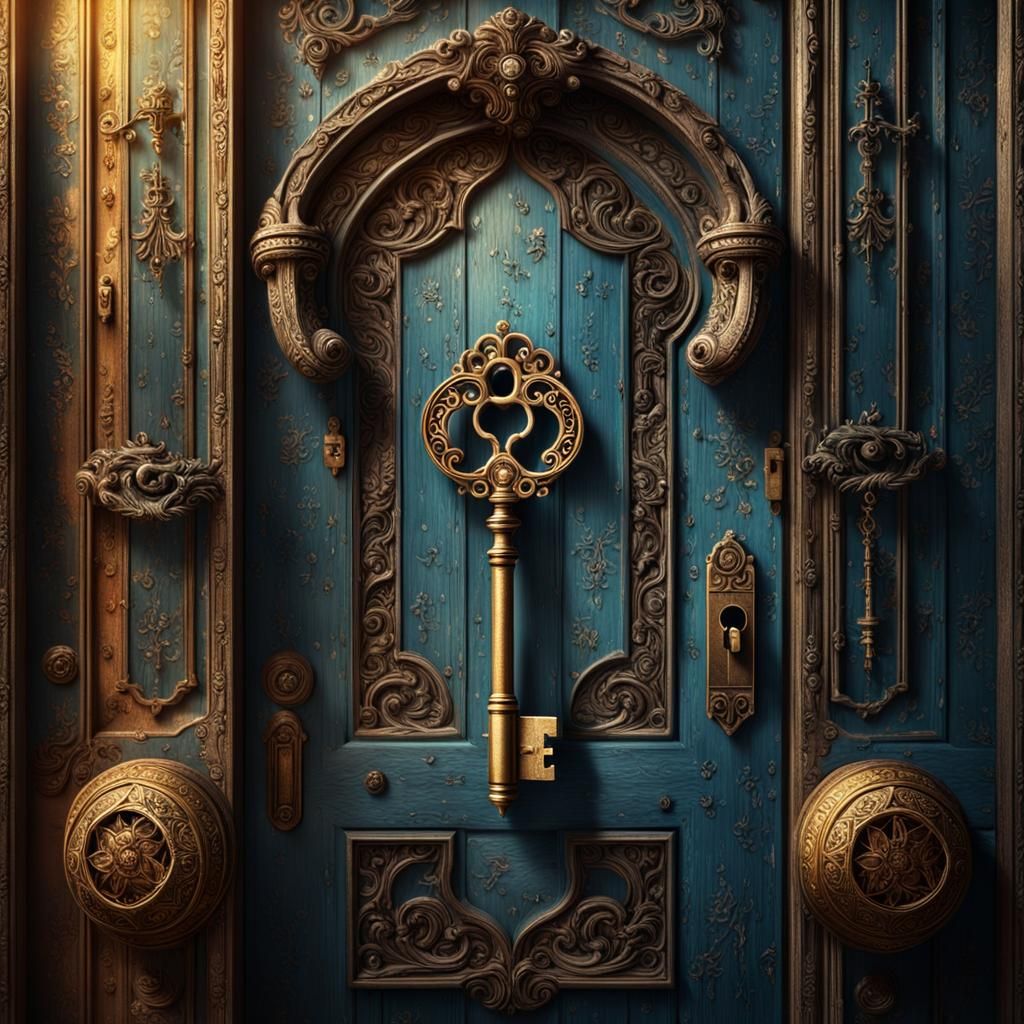 An old decorated key floating in the space by an old decorated door  by @Mila K