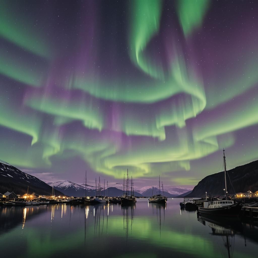 fjord at night, harbour, aurora purple and green