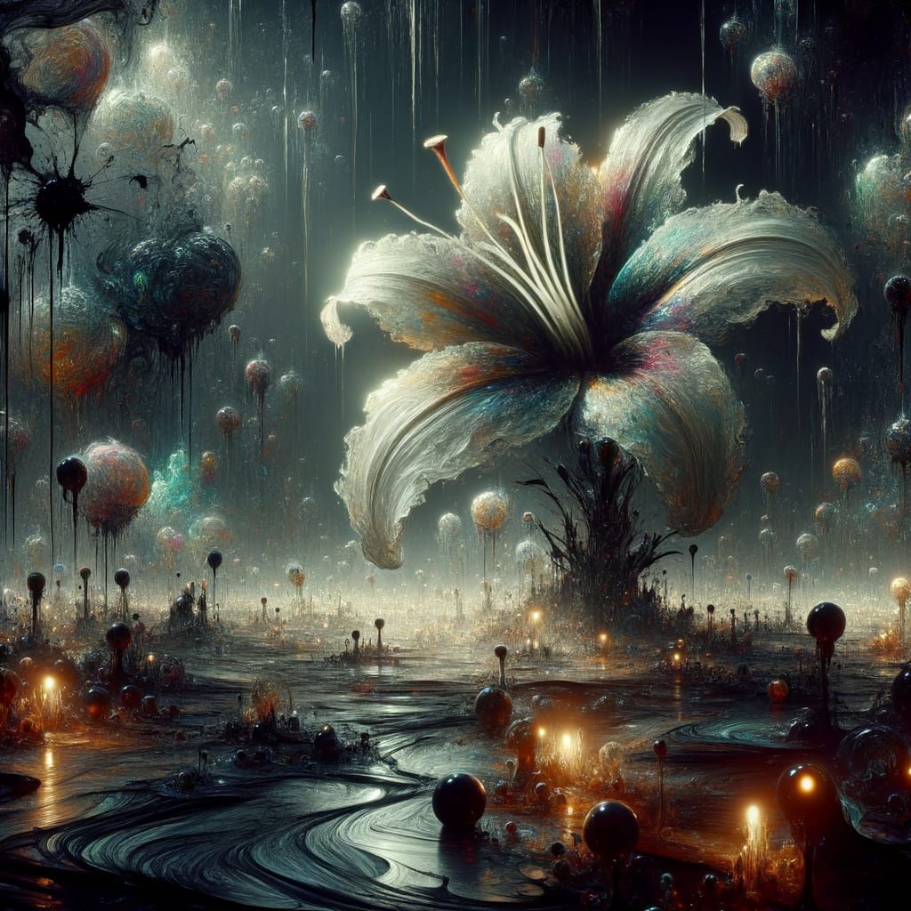 Iridescent Lilly Blooms in Dark, Oil-Smeared Alien Ship