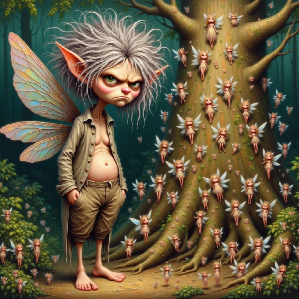 <lora:Kak-moodyfairy:1.0>oil art and impasto painting of a whimsy, skinny female fairy with a capricious attitude, a frown, a grimace of dis...
