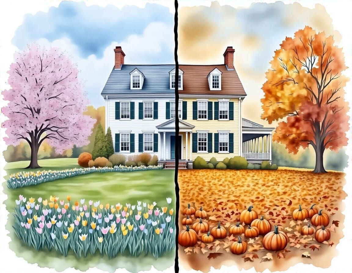 Split screen. Colonial style house. Spring and Autumn.   by @Sunil