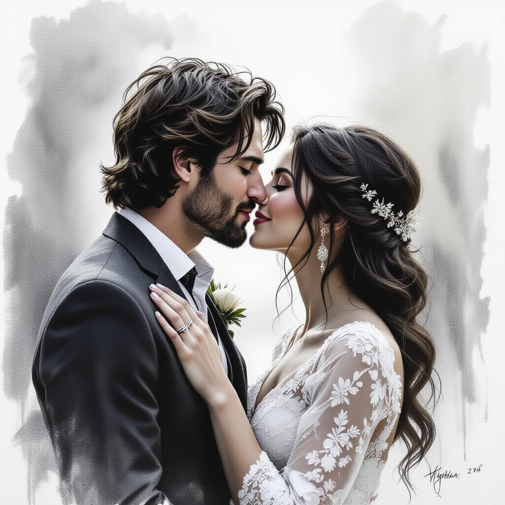 Love's Delightful Kiss: A Hyperdetailed Charcoal Drawing