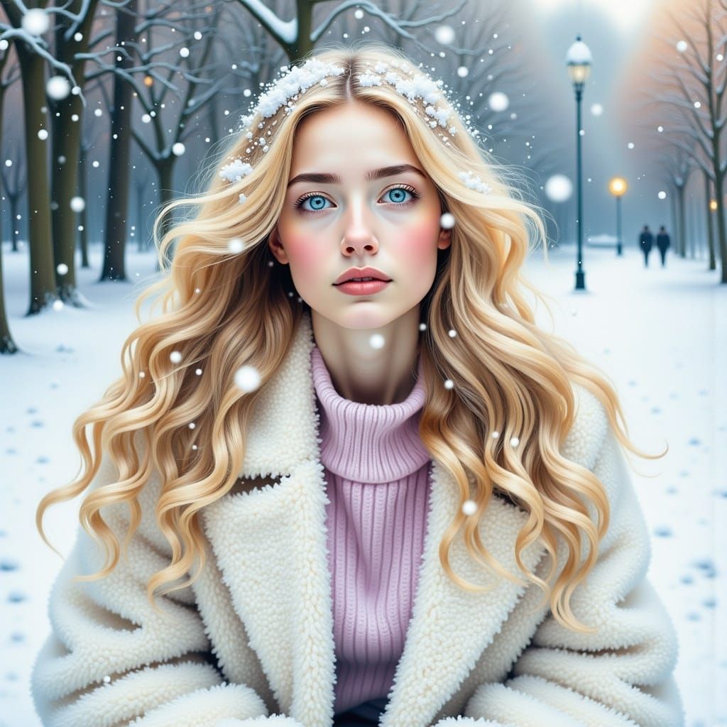 <lora:Lovely portrait:1.0>A Winter's gorgeous woman with a pale face, big blue eyes, wearing a pastel sweater with a white coat, sitting on...