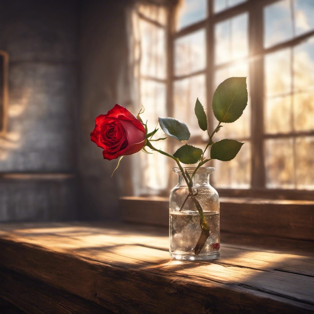 A stunning red rose on a old wooden table by the window, amazing sunlight, winter, perfect composition
