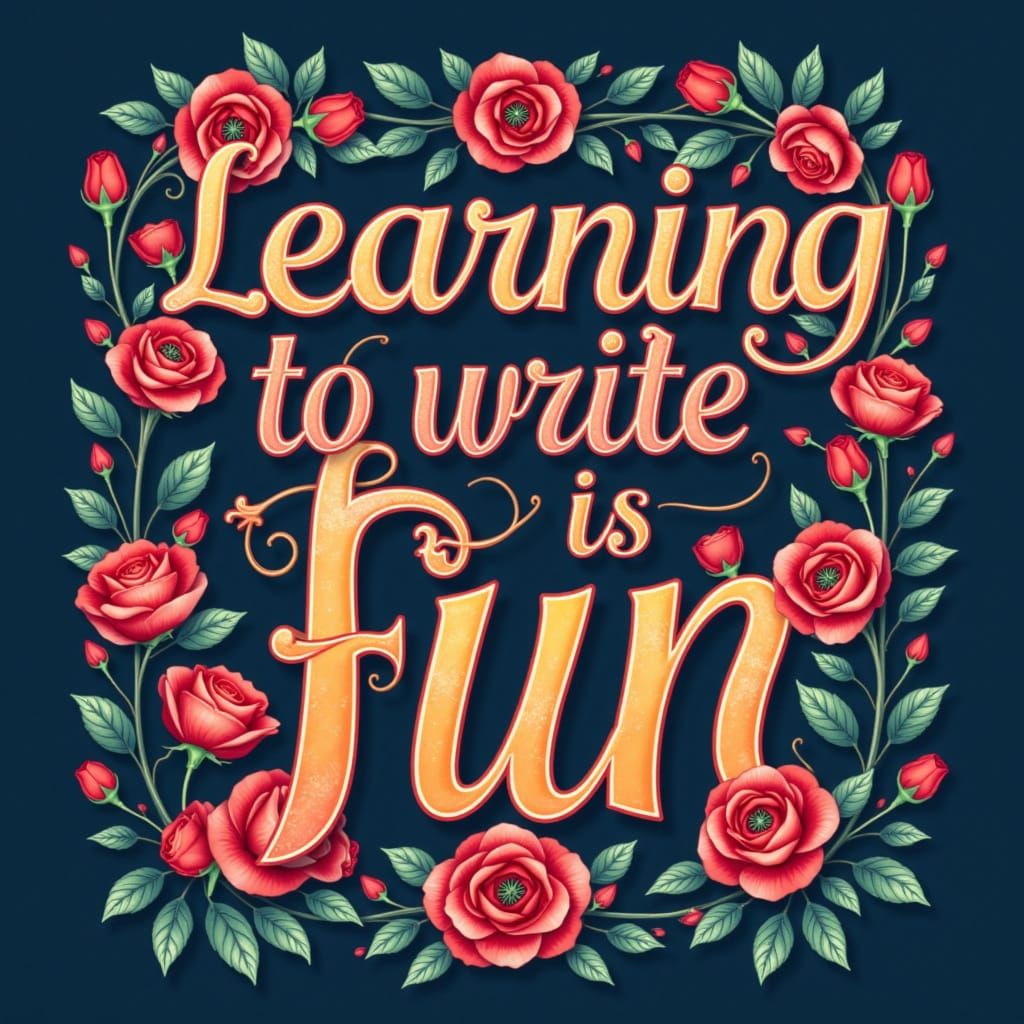 illustration of phrase, written on font TT Lovelies Sctipt: 

"Learning to write is fun".

 <lora:The Letters of Red:1.0>