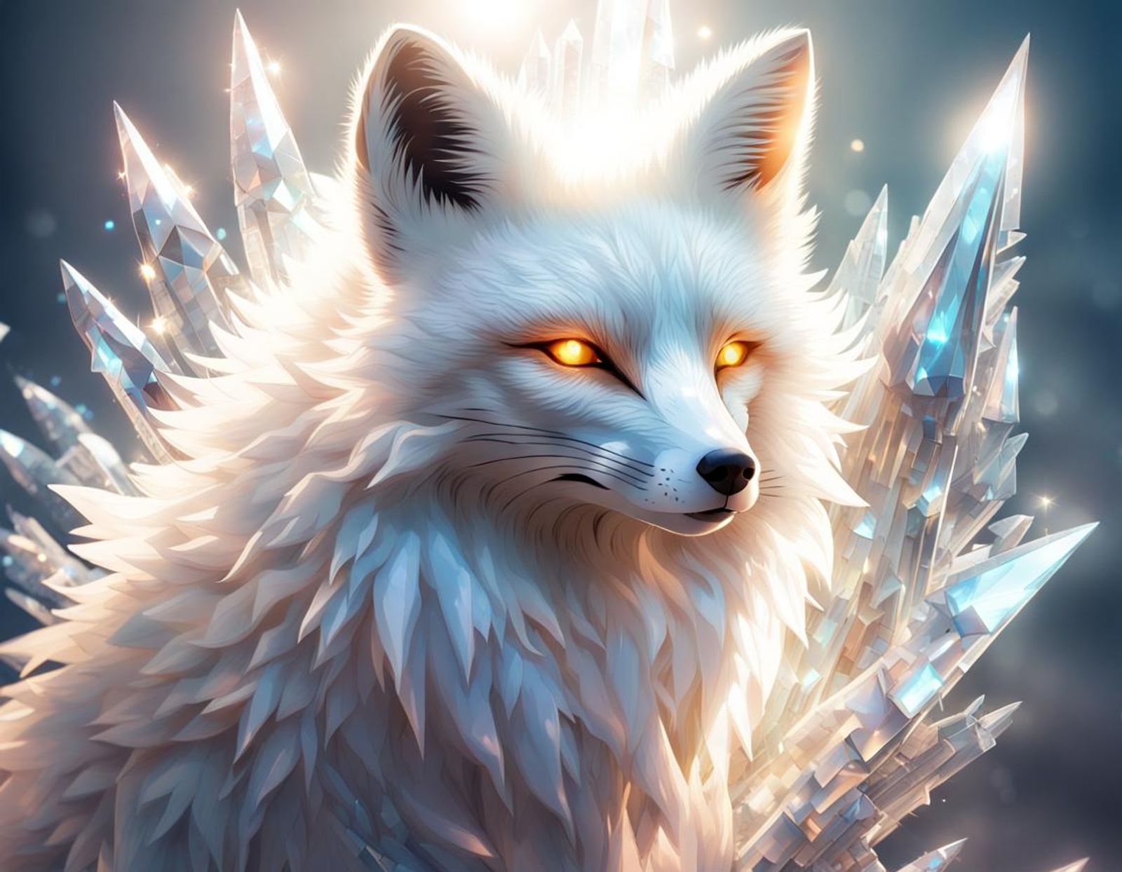 crystalline fox, white, whose fur is made from glinting sparkling ...