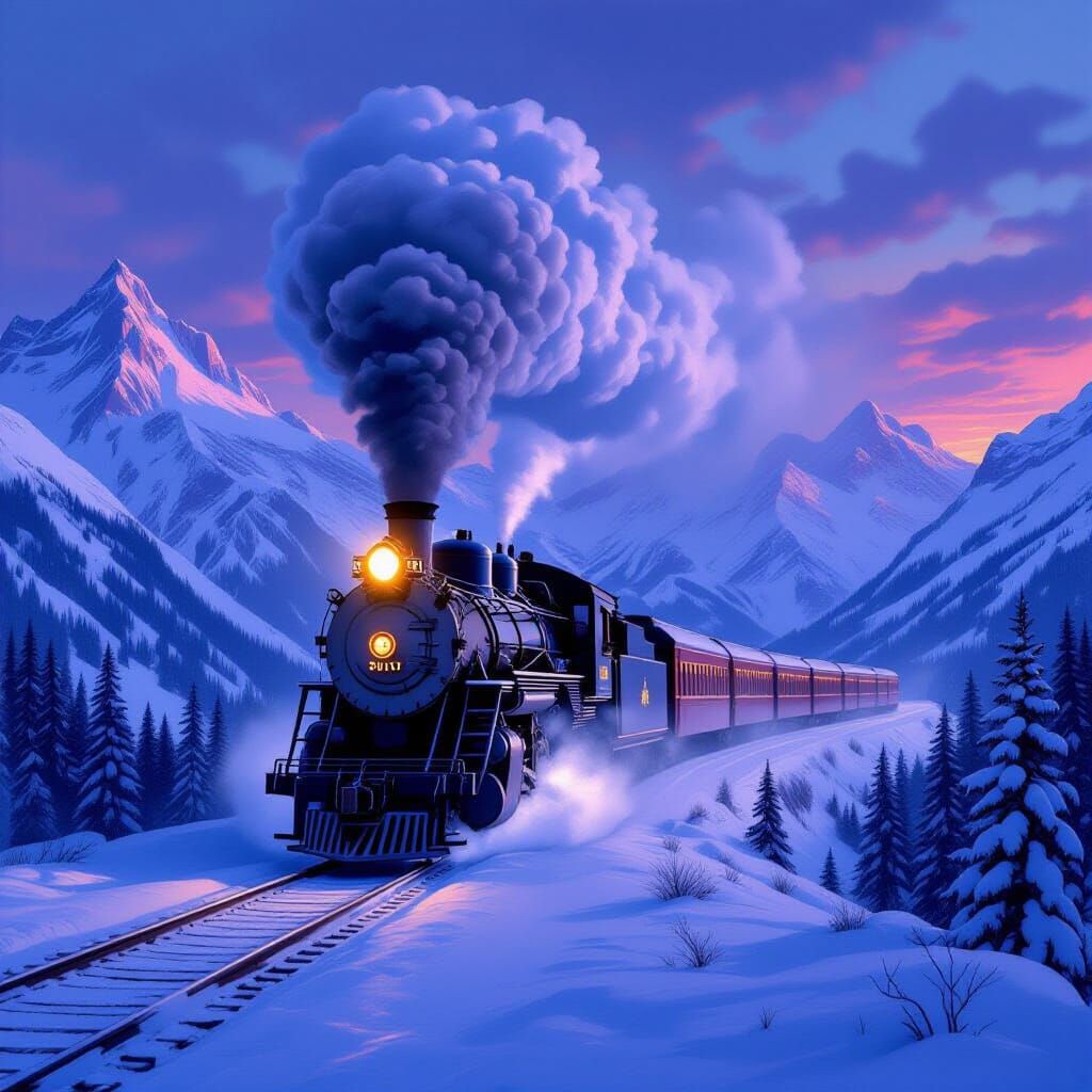 A steam train crossing a frozen mountain pass  by @Dawn68