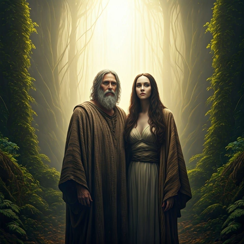 Epic Duofaced Adam and Eve in a Primeval Garden