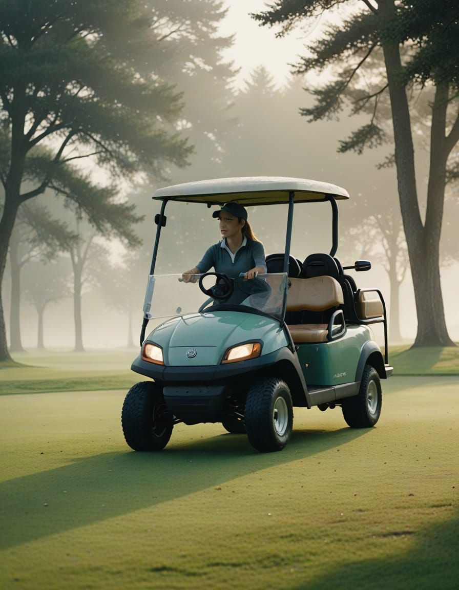 Young Woman on Misty Golf Course in Watercolor Style