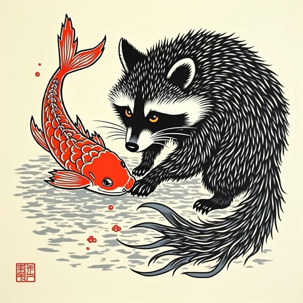 japanese woodcut inspired raccoon catching koi fish. tattoo....